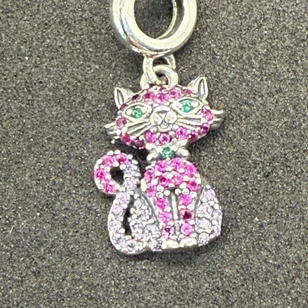 Sterling Silver Pink Crystal Cat Dangle Charm